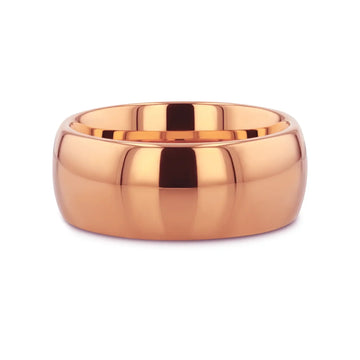 Side-by-side stacked view emphasizing the domed shape and mirror polish of the rose gold–plated tungsten carbide band.