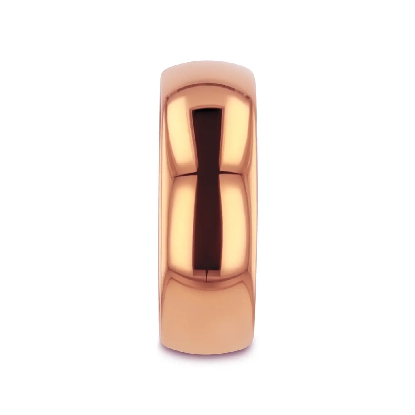 Front view of the domed rose gold–plated tungsten carbide ring highlighting its curved profile and high shine.