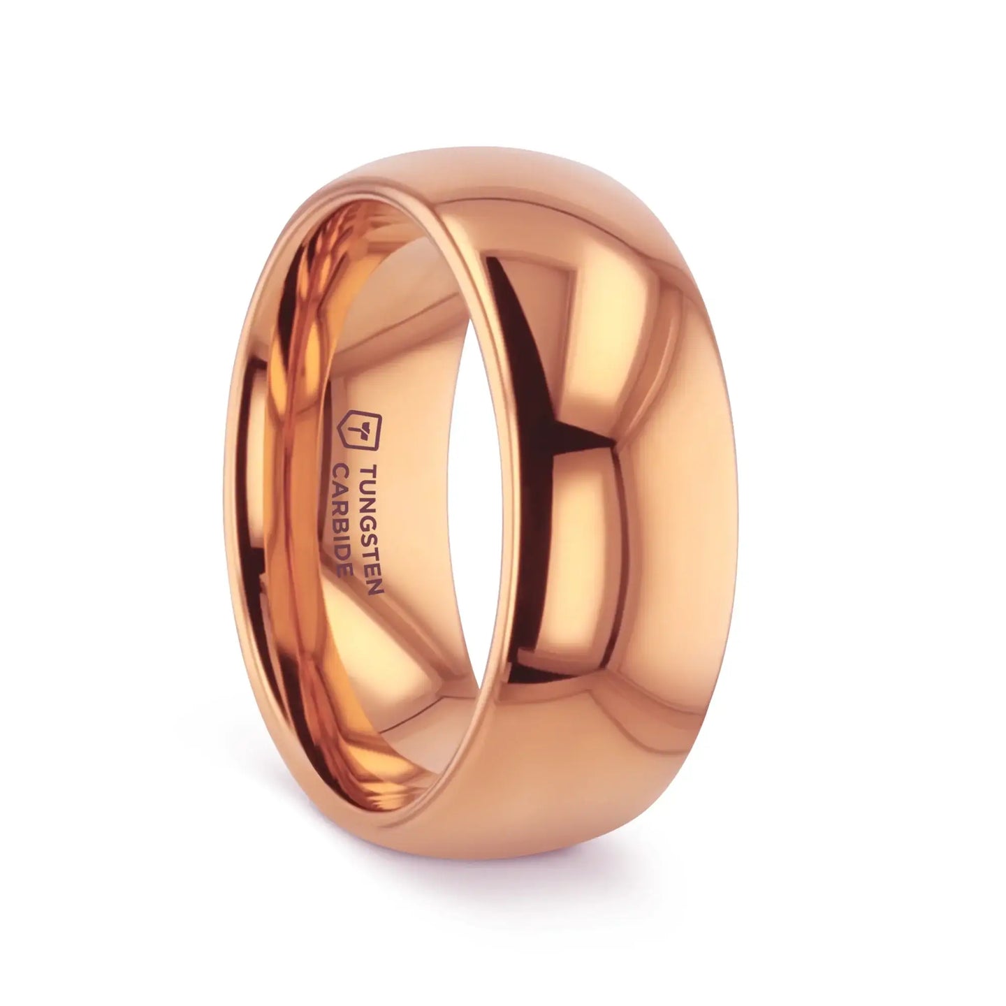 Polished rose gold–plated tungsten carbide domed wedding band with comfort-fit interior, angled view showing inner “Tungsten Carbide” mark.