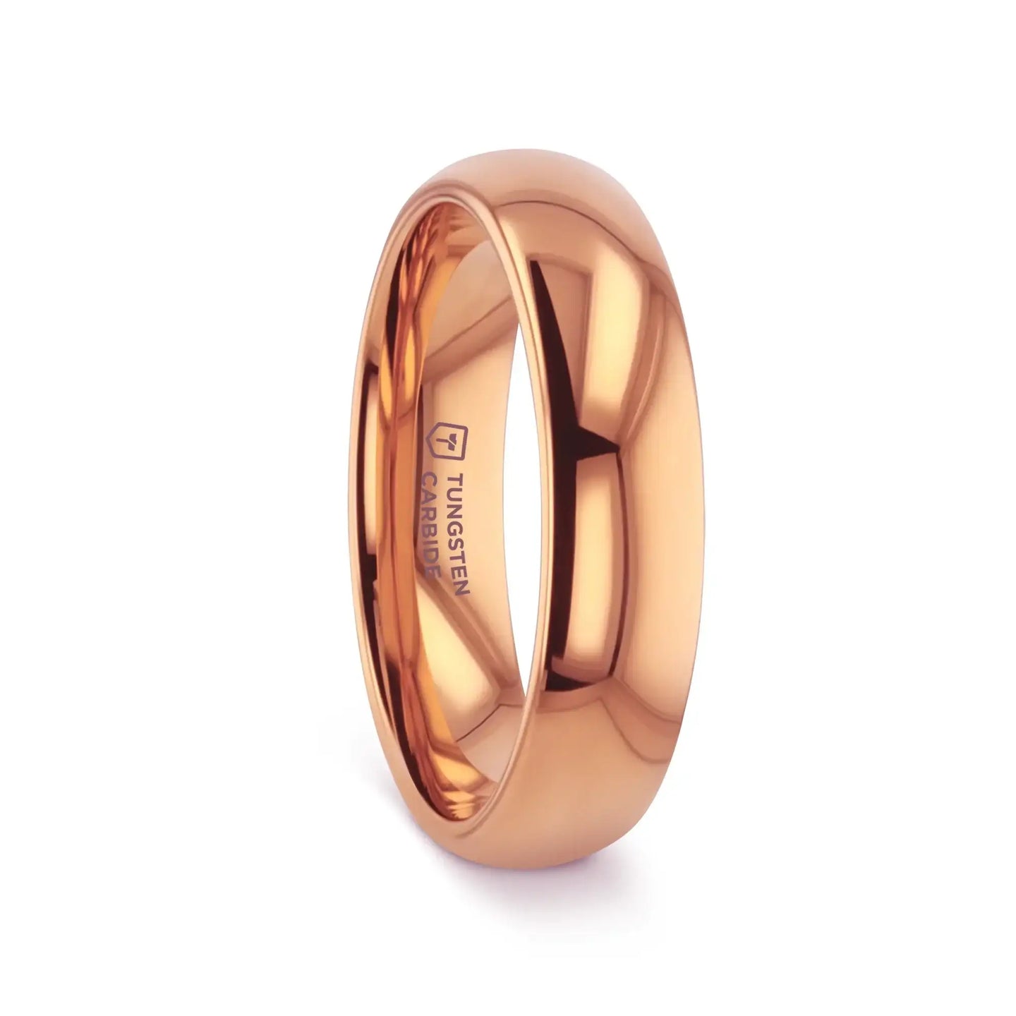 Narrower-width polished rose gold–plated domed tungsten carbide ring with comfort-fit interior, angled view.