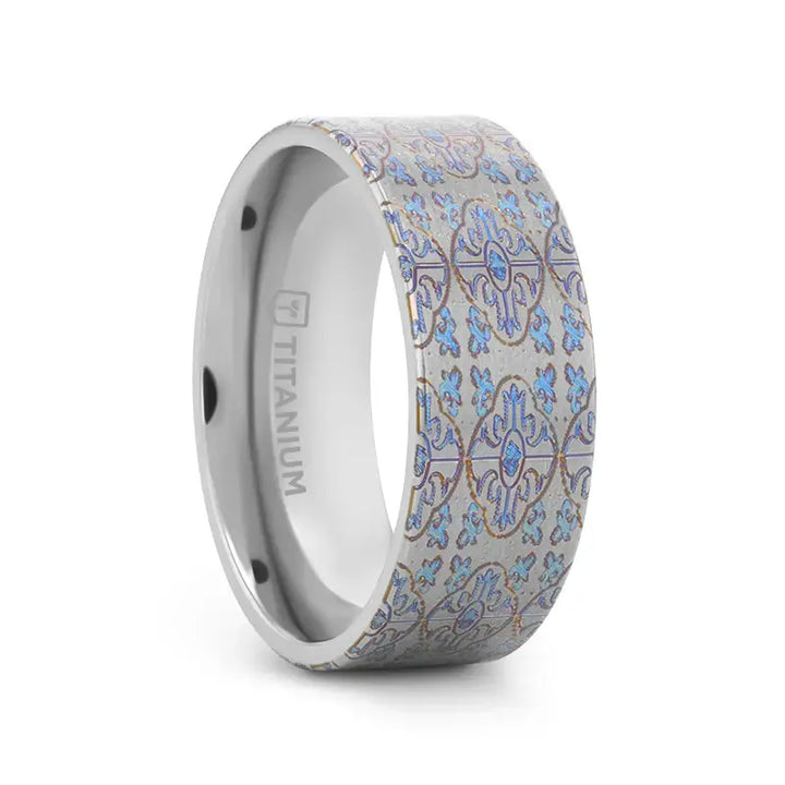 SOLACE Flat Titanium Ring with Engraved Cross Pattern - 8mm - Larson Jewelers