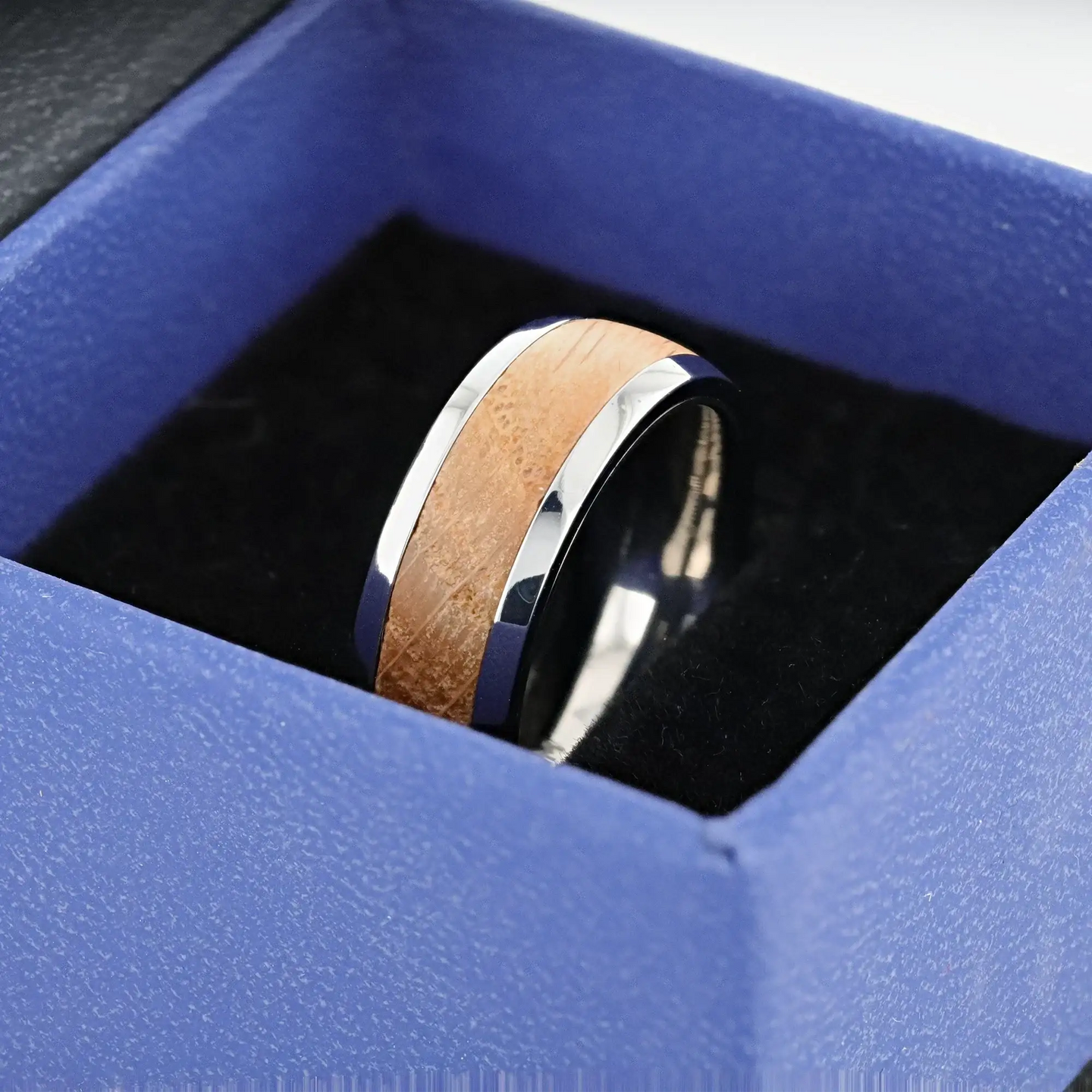 STAVE Whiskey Barrel Inlaid Titanium Men's Wedding Band With Domed Polished Edges Made From Genuine Whiskey Barrels - 8mm - Larson Jewelers