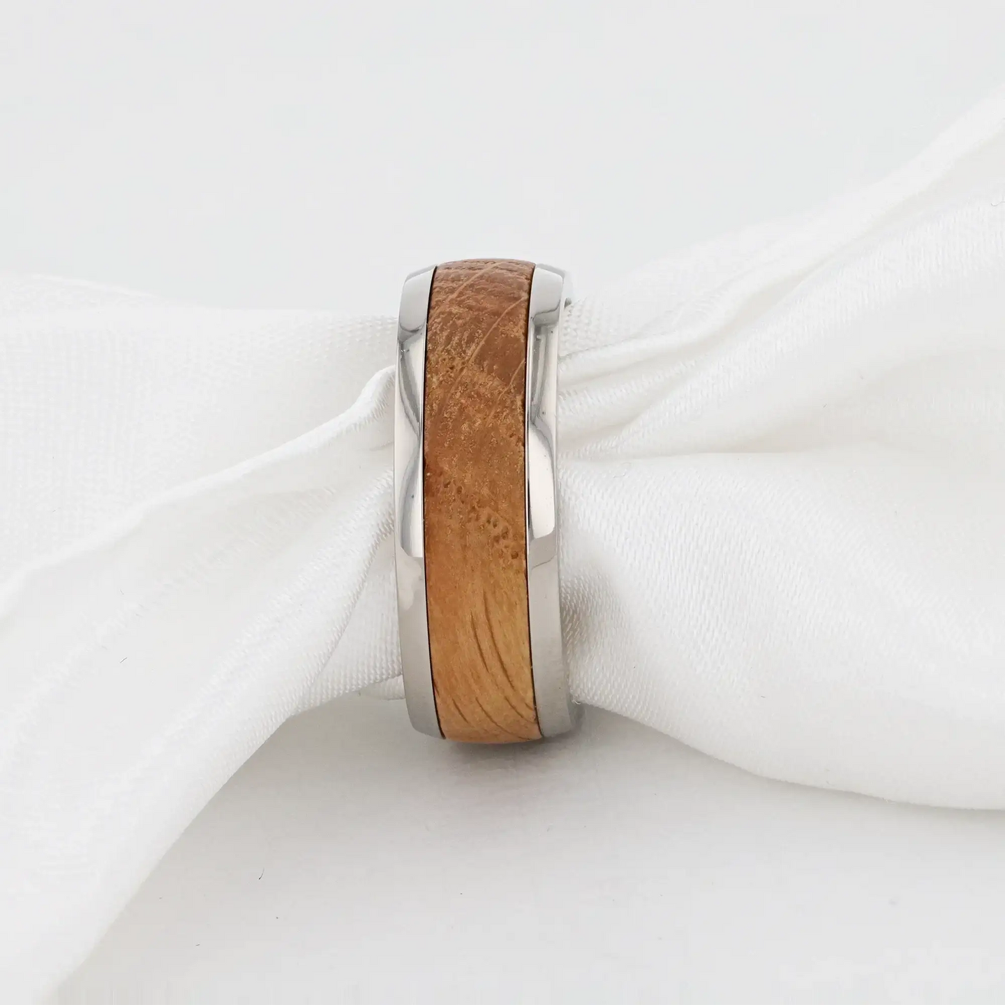 STAVE Whiskey Barrel Inlaid Titanium Men's Wedding Band With Domed Polished Edges Made From Genuine Whiskey Barrels - 8mm - Larson Jewelers