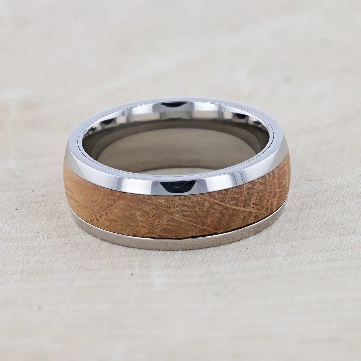 STAVE Whiskey Barrel Inlaid Titanium Men's Wedding Band With Domed Polished Edges Made From Genuine Whiskey Barrels - 8mm - Larson Jewelers