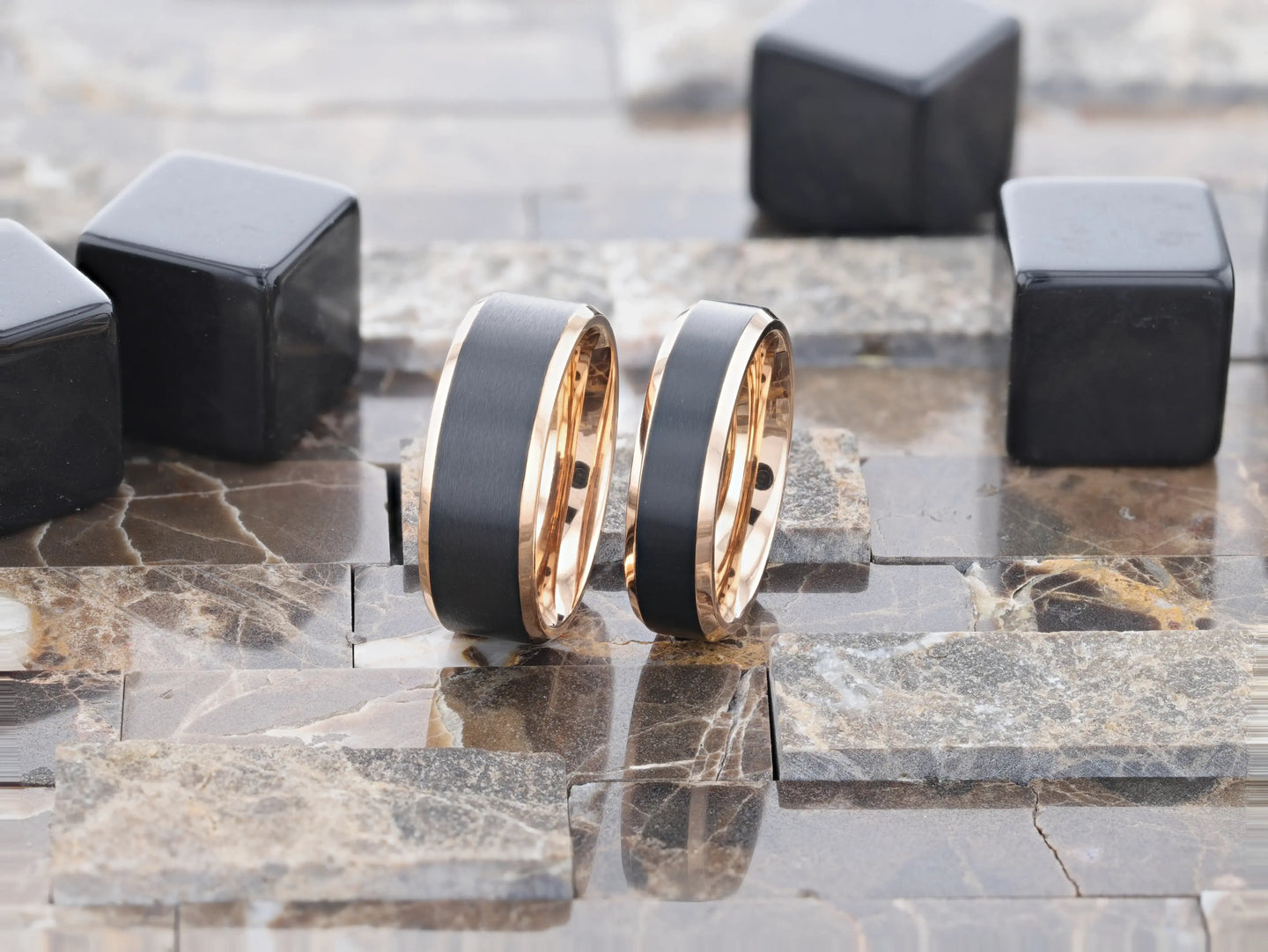 STEPHEN Rose Gold Plated Black Titanium Flat Brushed Center Men's Wedding Ring With Beveled Polished Edges - 6mm & 8mm - Larson Jewelers