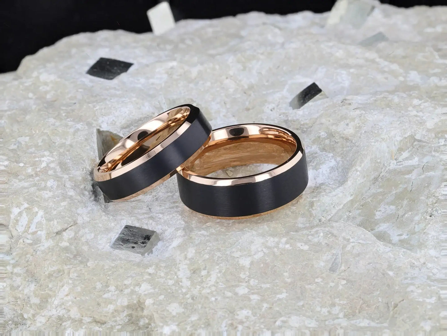 STEPHEN Rose Gold Plated Black Titanium Flat Brushed Center Men's Wedding Ring With Beveled Polished Edges - 6mm & 8mm - Larson Jewelers