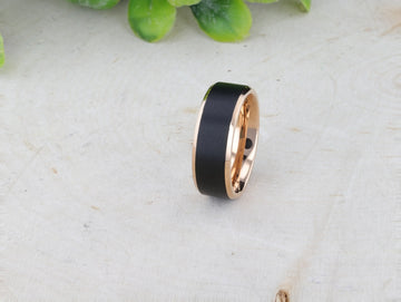 STEPHEN Rose Gold Plated Black Titanium Flat Brushed Center Men's Wedding Ring With Beveled Polished Edges - 6mm & 8mm - Larson Jewelers