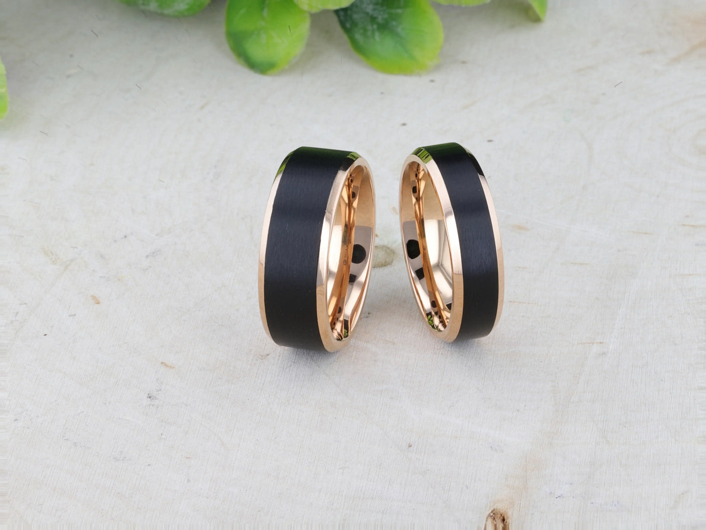 STEPHEN Rose Gold Plated Black Titanium Flat Brushed Center Men's Wedding Ring With Beveled Polished Edges - 6mm & 8mm - Larson Jewelers