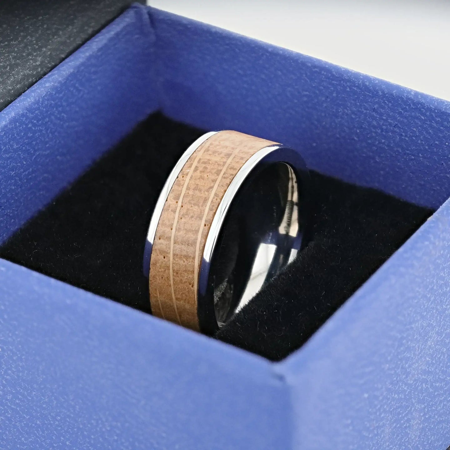 STILL Whiskey Barrel Inlaid Titanium Men's Wedding Band With Flat Polished Edges Made From Genuine Whiskey Barrels - 8mm - Larson Jewelers