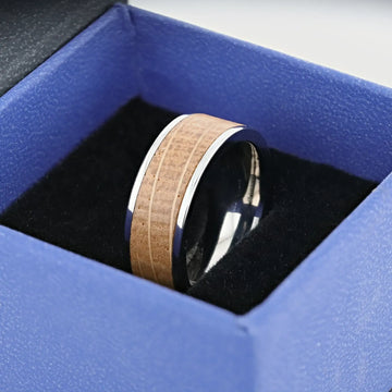 STILL Whiskey Barrel Inlaid Titanium Men's Wedding Band With Flat Polished Edges Made From Genuine Whiskey Barrels - 8mm - Larson Jewelers