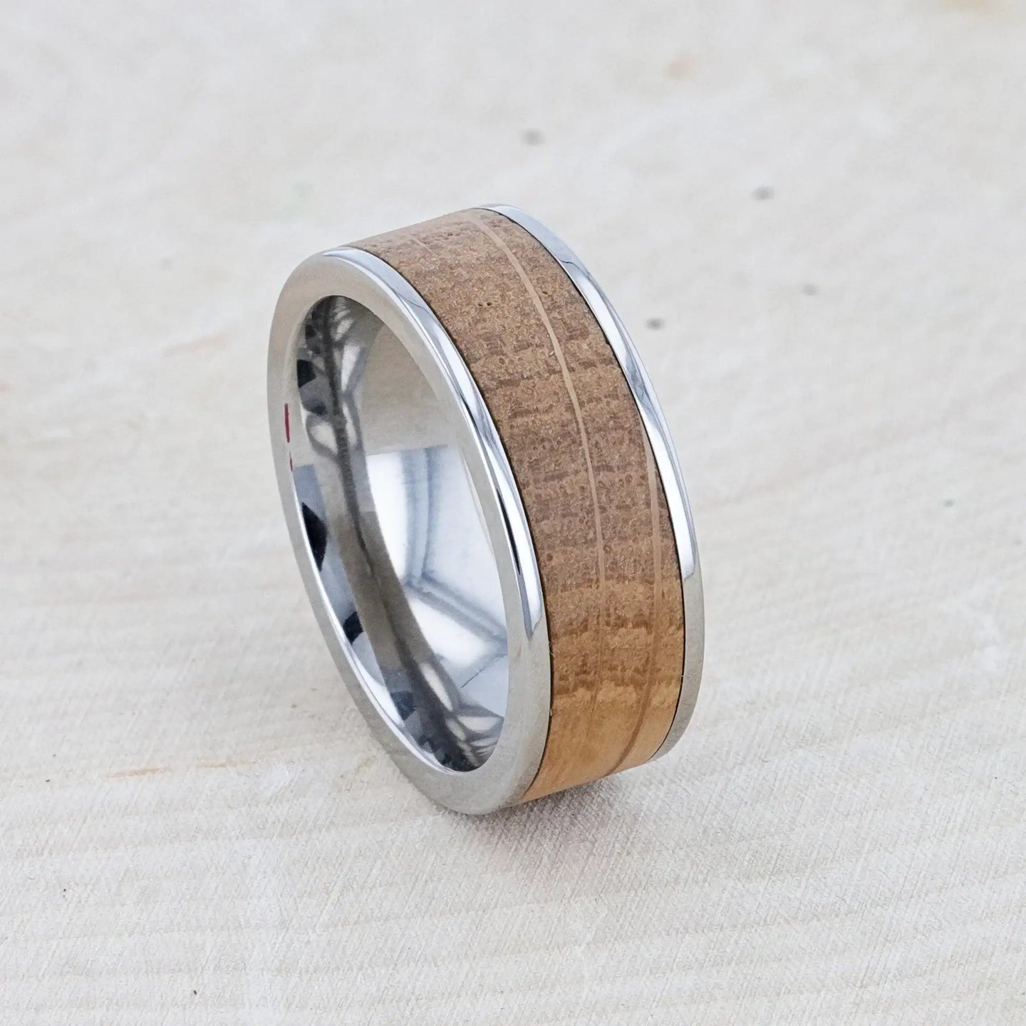 STILL Whiskey Barrel Inlaid Titanium Men's Wedding Band With Flat Polished Edges Made From Genuine Whiskey Barrels - 8mm - Larson Jewelers