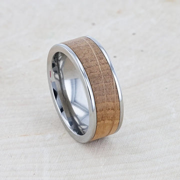STILL Whiskey Barrel Inlaid Titanium Men's Wedding Band With Flat Polished Edges Made From Genuine Whiskey Barrels - 8mm - Larson Jewelers
