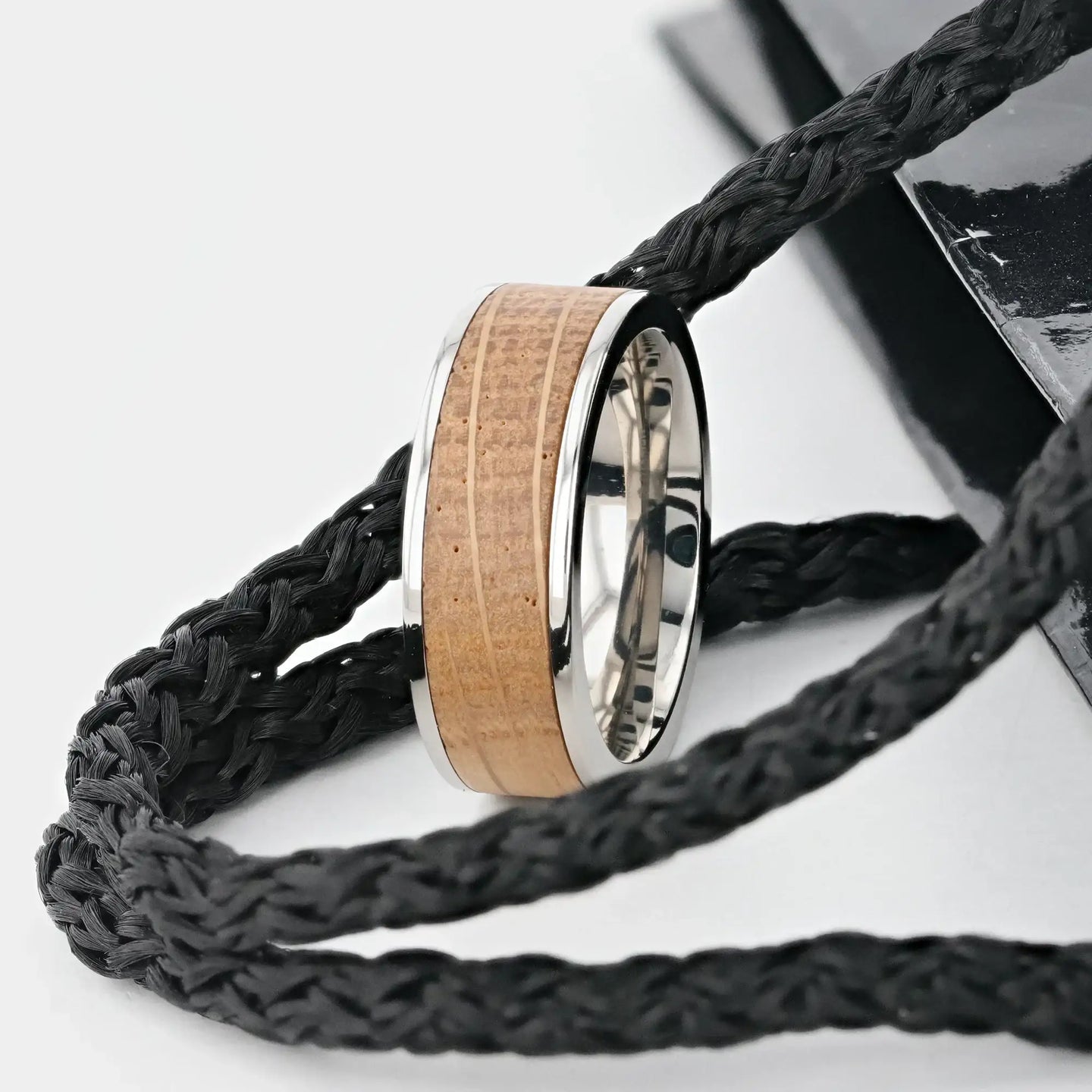 STILL Whiskey Barrel Inlaid Titanium Men's Wedding Band With Flat Polished Edges Made From Genuine Whiskey Barrels - 8mm - Larson Jewelers