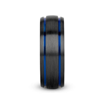 SHERIFF Domed Black Titanium Brushed Finish Men’s Wedding Ring with Blue Grooves – 8mm - Larson Jewelers