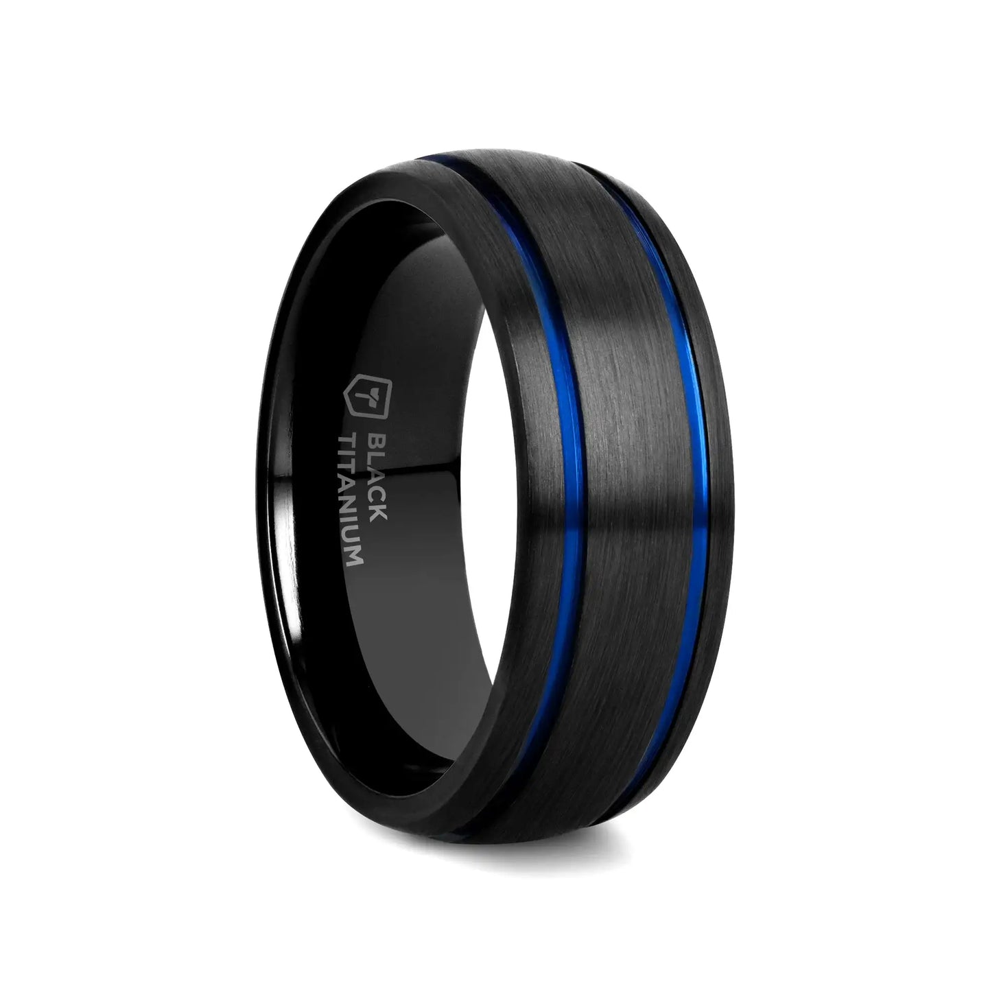 SHERIFF Domed Black Titanium Brushed Finish Men’s Wedding Ring with Blue Grooves – 8mm - Larson Jewelers