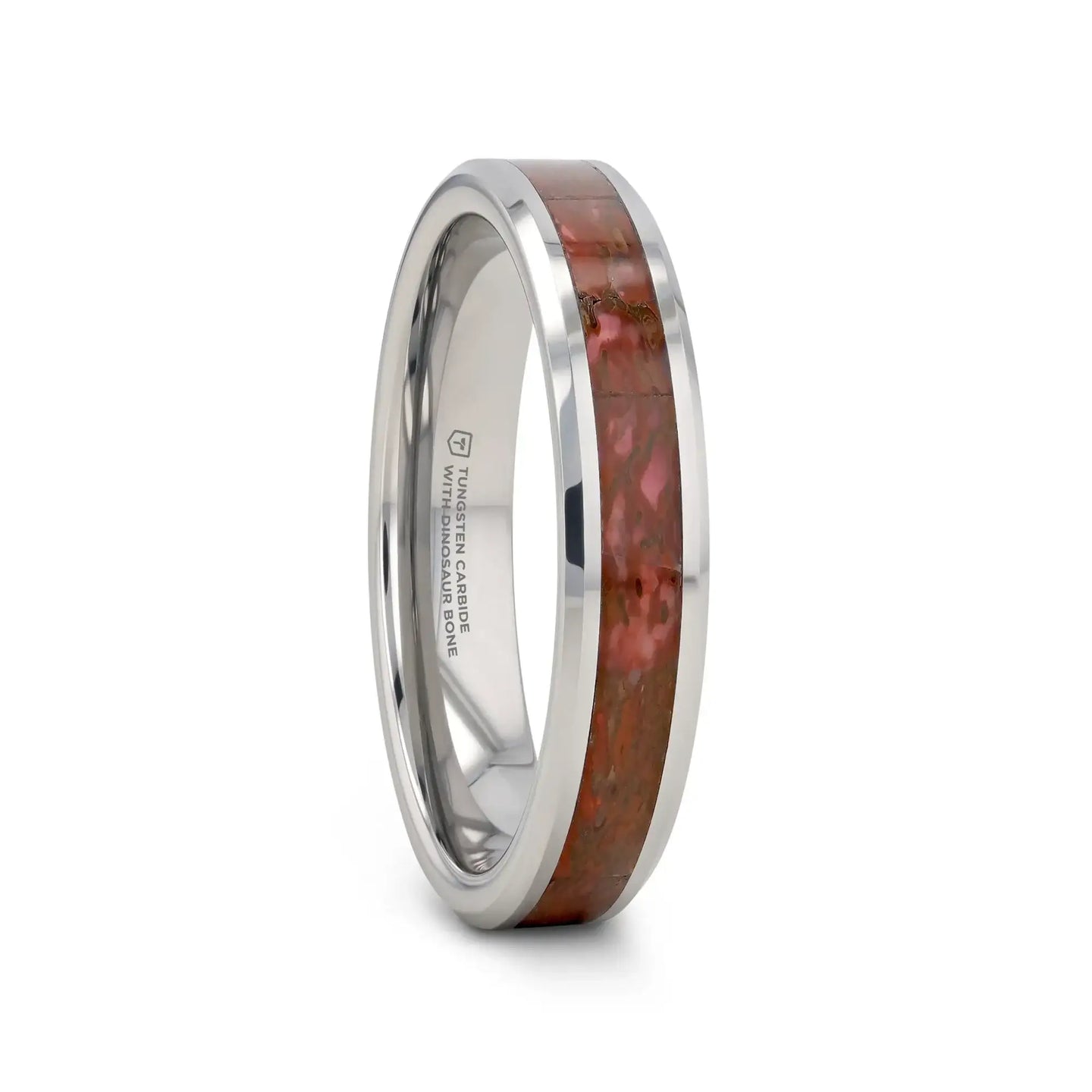 JURASSIC Red Dinosaur Bone Inlaid Tungsten Carbide Beveled Edged Ring - 4mm & 8mm - Larson Jewelers