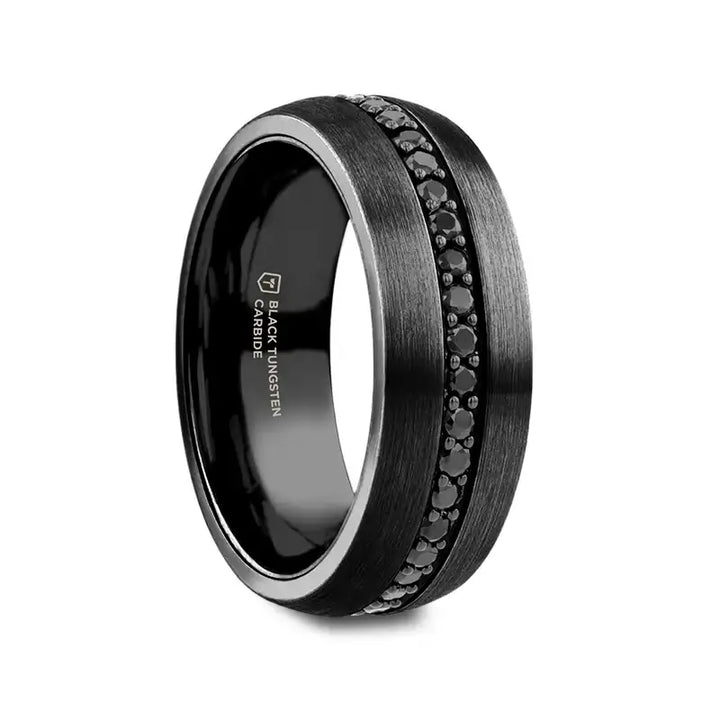 Angled view of an 8mm black tungsten carbide men’s ring with a brushed finish and a center groove set with round black sapphires