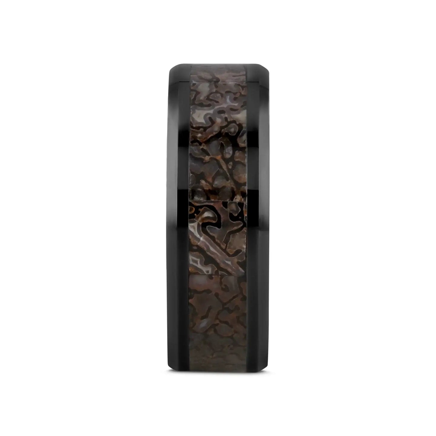 SILURIAN Dinosaur Bone Inlaid Black Ceramic Beveled Edged Ring - 4mm or 8mm - Larson Jewelers