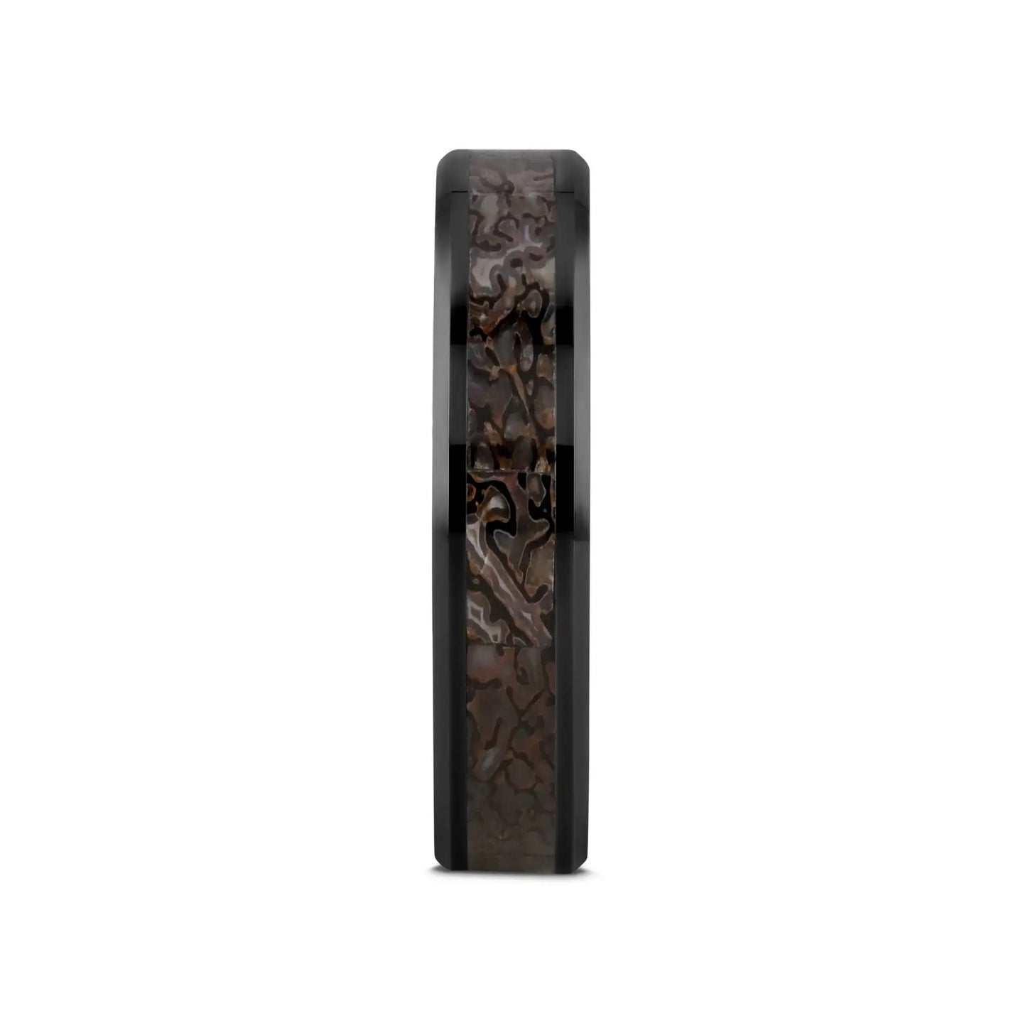 SILURIAN Dinosaur Bone Inlaid Black Ceramic Beveled Edged Ring - 4mm or 8mm - Larson Jewelers