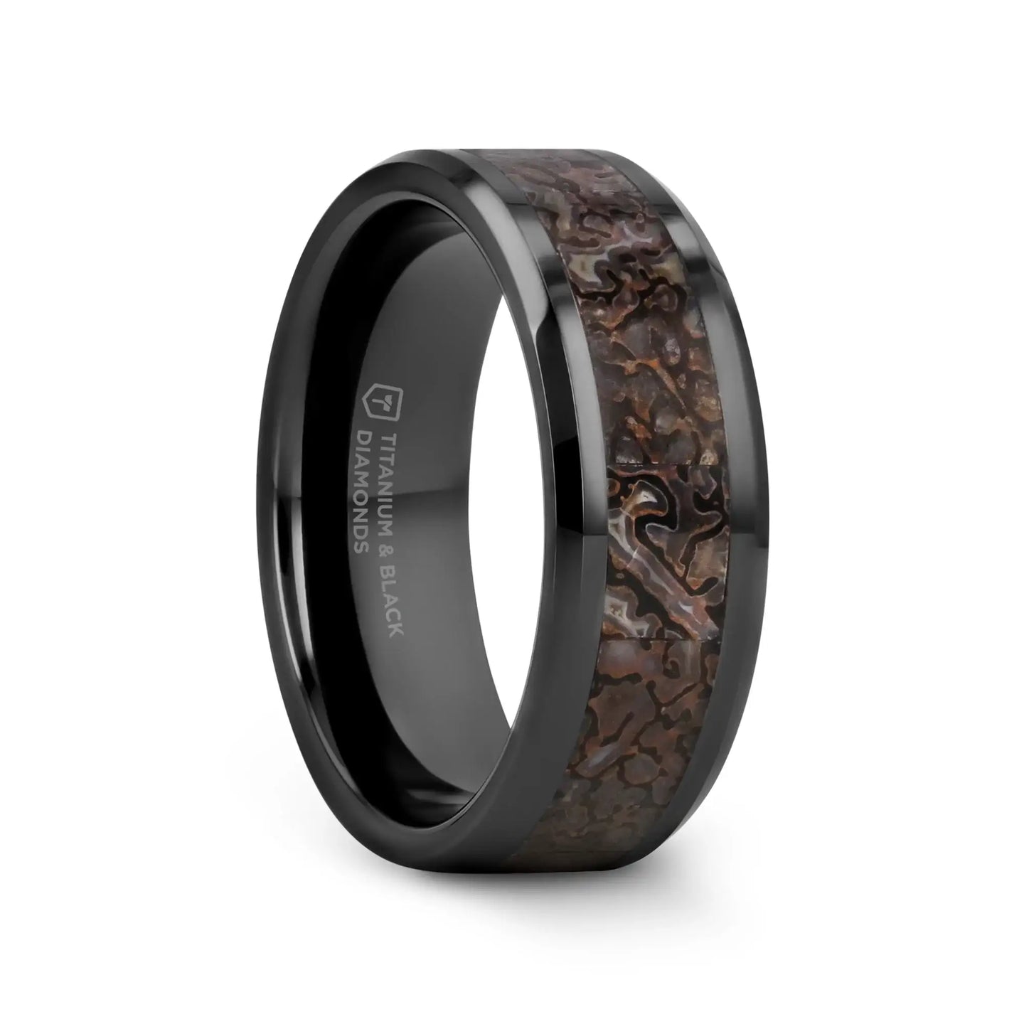 SILURIAN Dinosaur Bone Inlaid Black Ceramic Beveled Edged Ring - 4mm or 8mm - Larson Jewelers