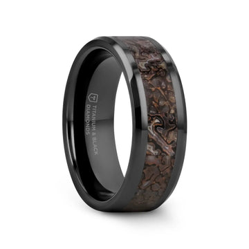 SILURIAN Dinosaur Bone Inlaid Black Ceramic Beveled Edged Ring - 4mm or 8mm - Larson Jewelers