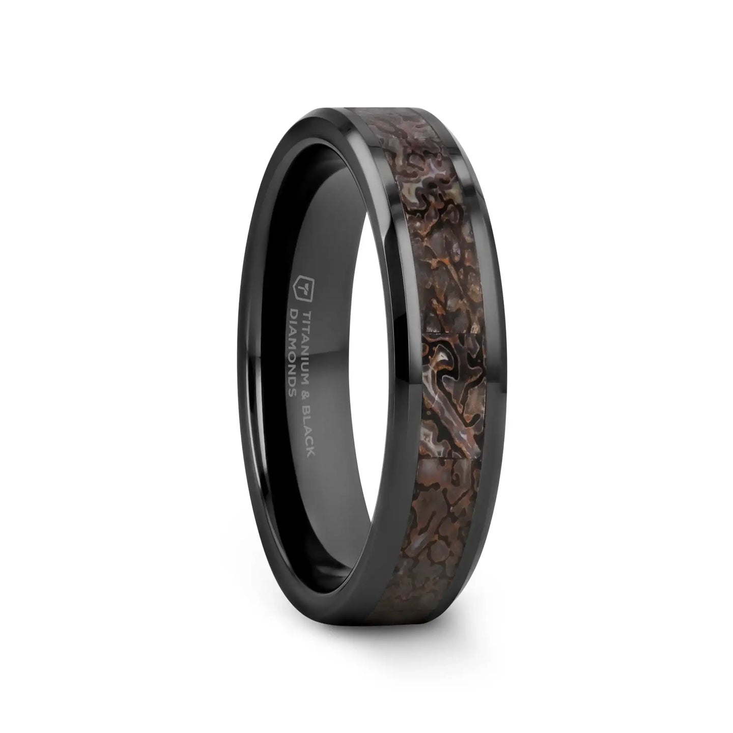 SILURIAN Dinosaur Bone Inlaid Black Ceramic Beveled Edged Ring - 4mm or 8mm - Larson Jewelers