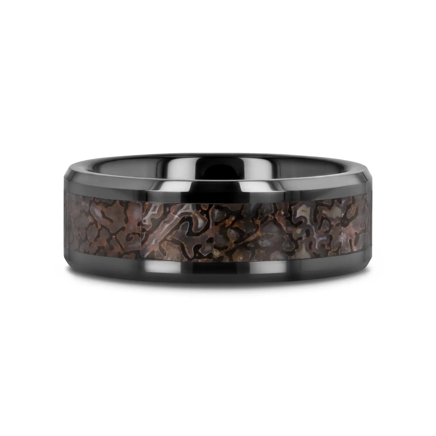 SILURIAN Dinosaur Bone Inlaid Black Ceramic Beveled Edged Ring - 4mm or 8mm - Larson Jewelers