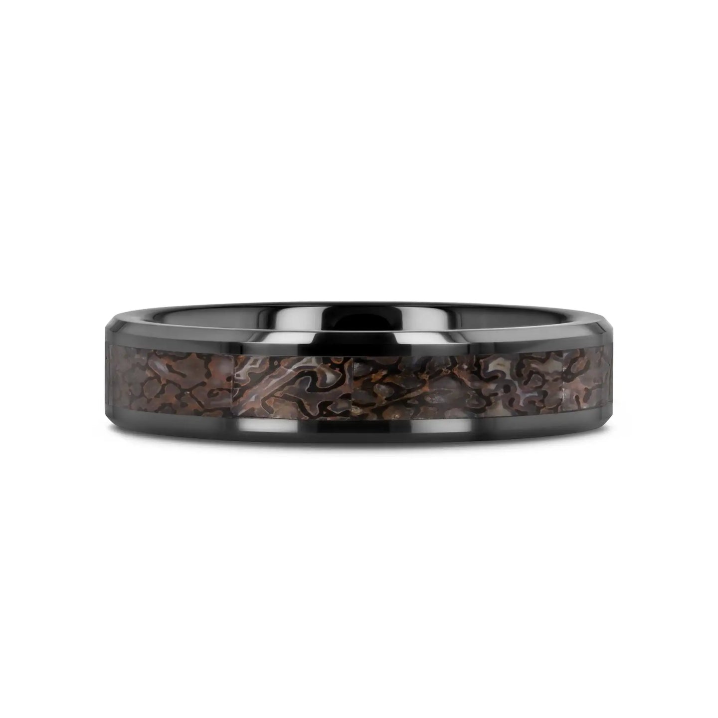 SILURIAN Dinosaur Bone Inlaid Black Ceramic Beveled Edged Ring - 4mm or 8mm - Larson Jewelers