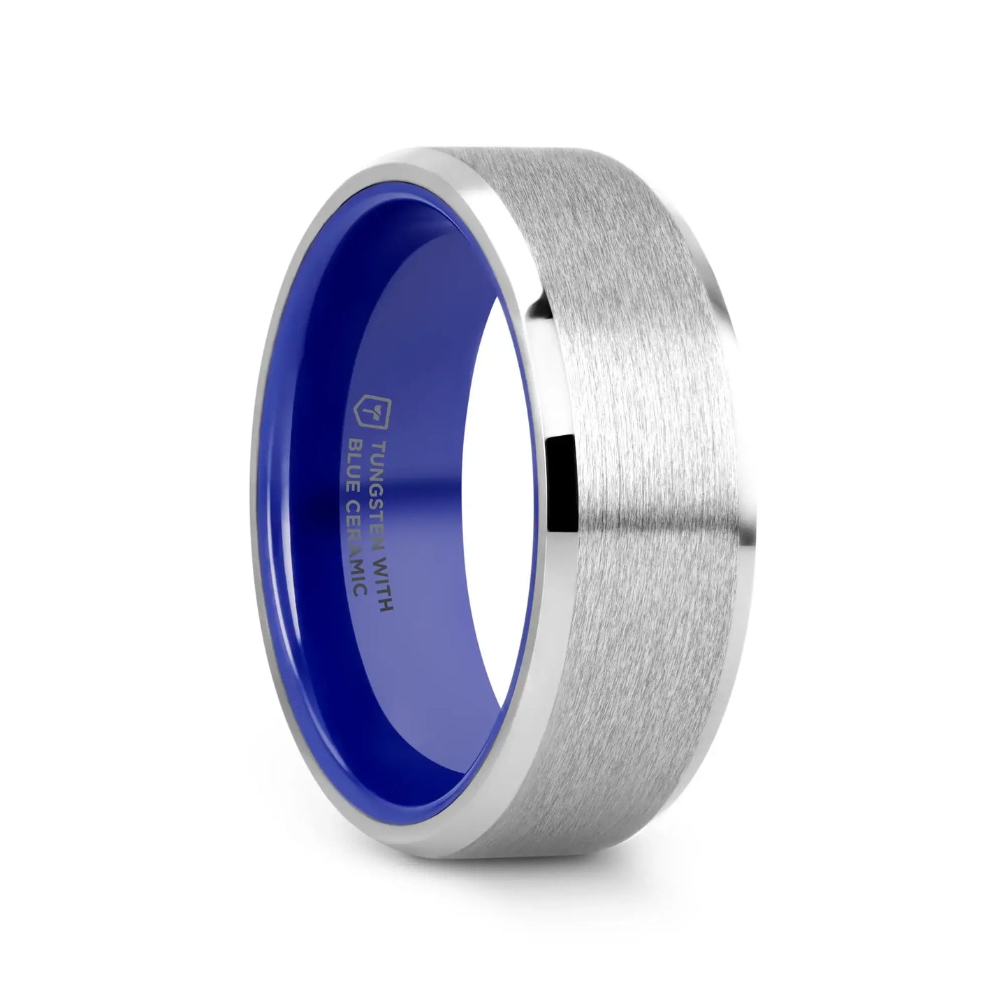 SIRIUS Flat Beveled-Edged Tungsten Ring with Brushed Center and Vibrant Blue Ceramic Inside - 8mm - Larson Jewelers