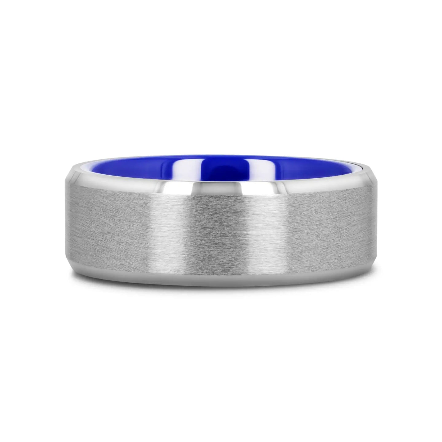 SIRIUS Flat Beveled-Edged Tungsten Ring with Brushed Center and Vibrant Blue Ceramic Inside - 8mm - Larson Jewelers