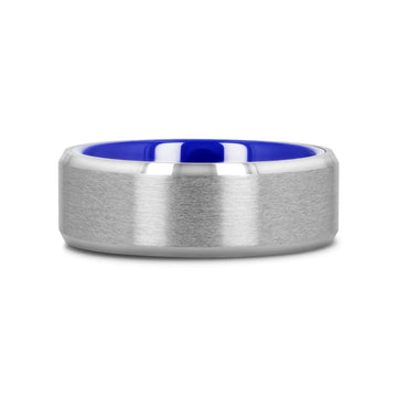 SIRIUS Flat Beveled-Edged Tungsten Ring with Brushed Center and Vibrant Blue Ceramic Inside - 8mm - Larson Jewelers