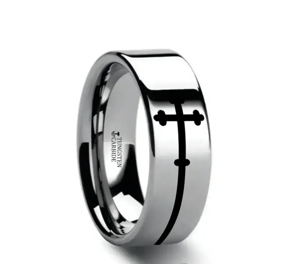SIDEWAYS CROSS on Flat Tungsten Carbide Ring - Larson Jewelers