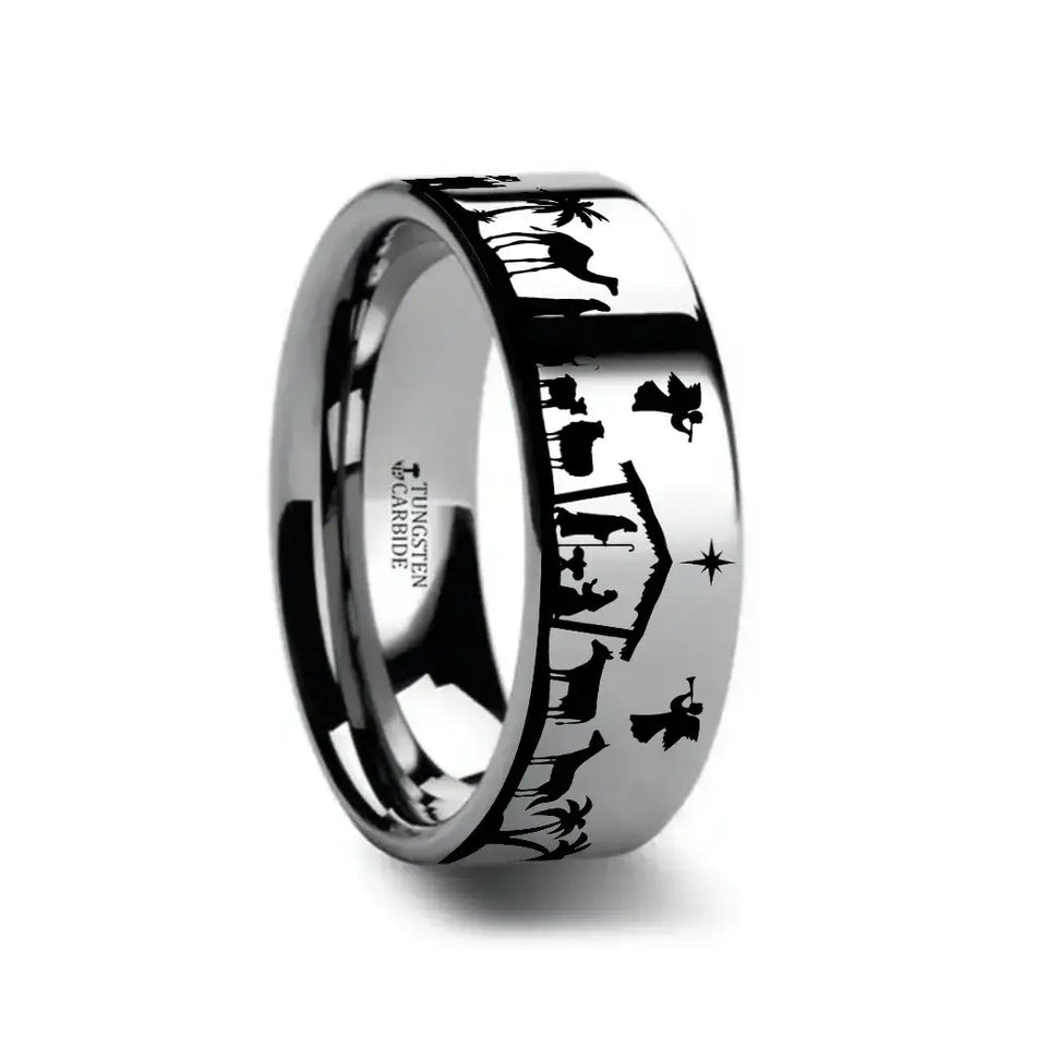 NATIVITY SCENE on Flat Tungsten Carbide Ring - Larson Jewelers