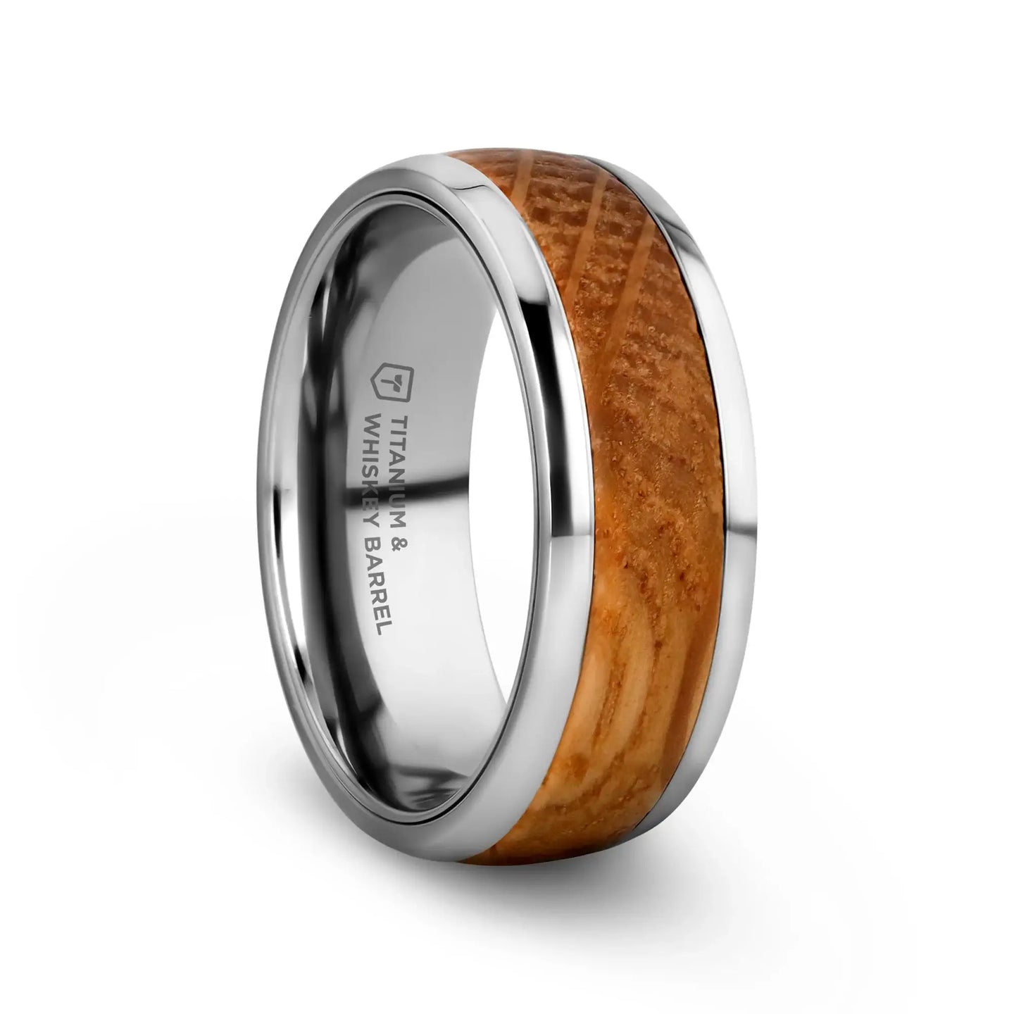 STAVE Whiskey Barrel Inlaid Titanium Men's Wedding Band With Domed Polished Edges Made From Genuine Whiskey Barrels - 8mm - Larson Jewelers