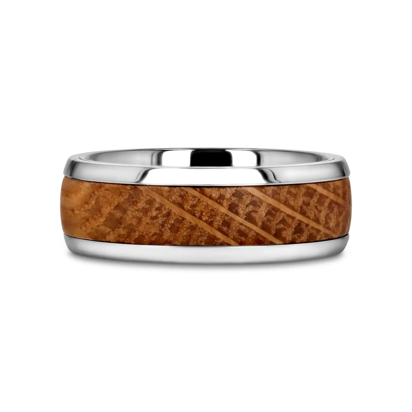 STAVE Whiskey Barrel Inlaid Titanium Men's Wedding Band With Domed Polished Edges Made From Genuine Whiskey Barrels - 8mm - Larson Jewelers