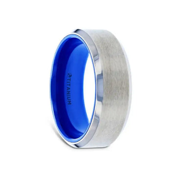 ARCTIC Flat Beveled Edges Titanium Ring with Brushed Center and Vibrant Blue Inside - 8mm - Larson Jewelers