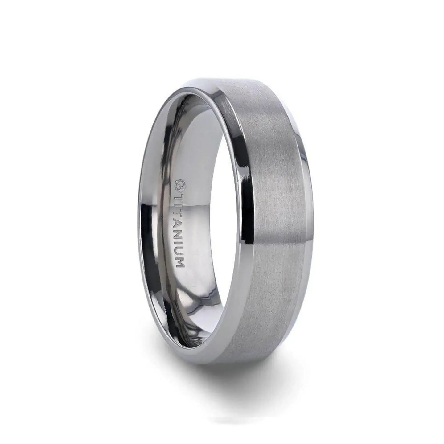SHIRE Titanium Men’s Flat Wedding Ring, Brushed Center with Polished Beveled Edges — 6mm & 8mm - Larson Jewelers