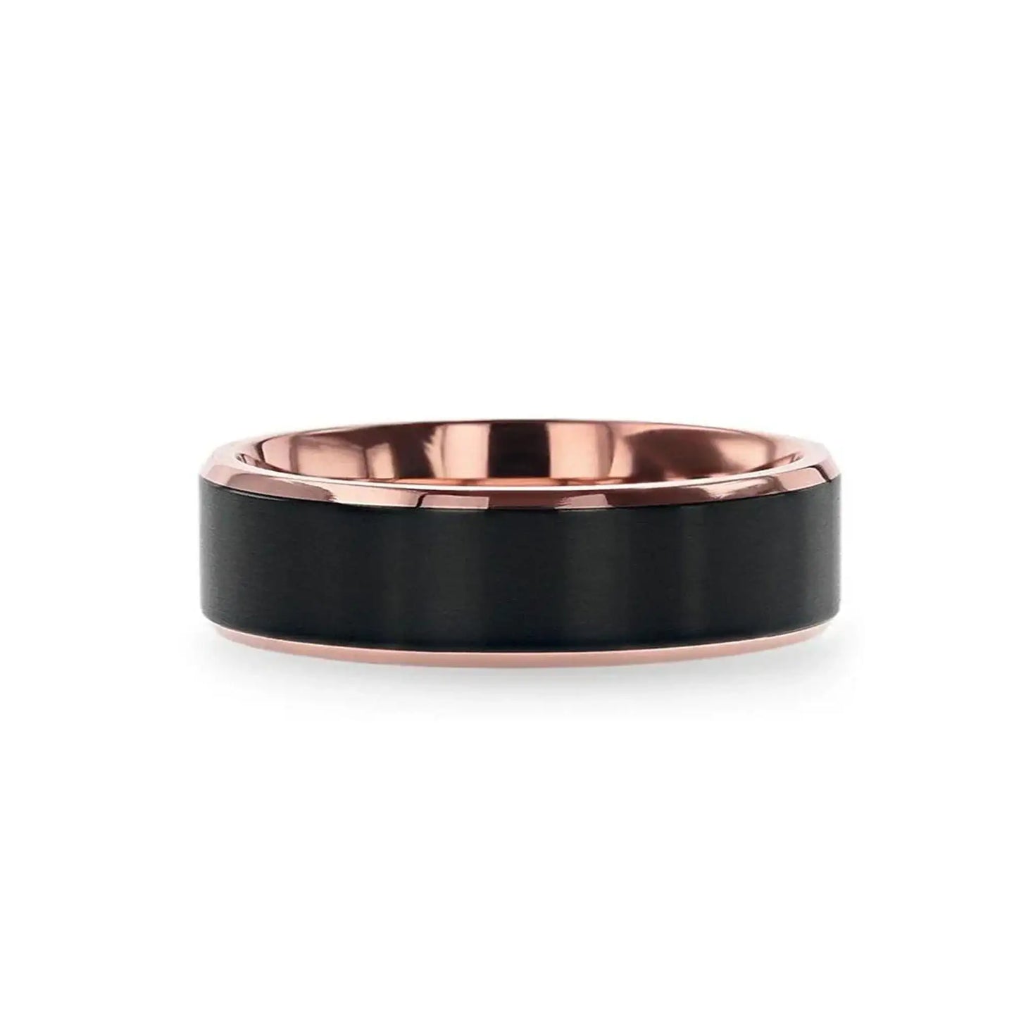 STEPHEN Rose Gold Plated Black Titanium Flat Brushed Center Men's Wedding Ring With Beveled Polished Edges - 6mm & 8mm - Larson Jewelers