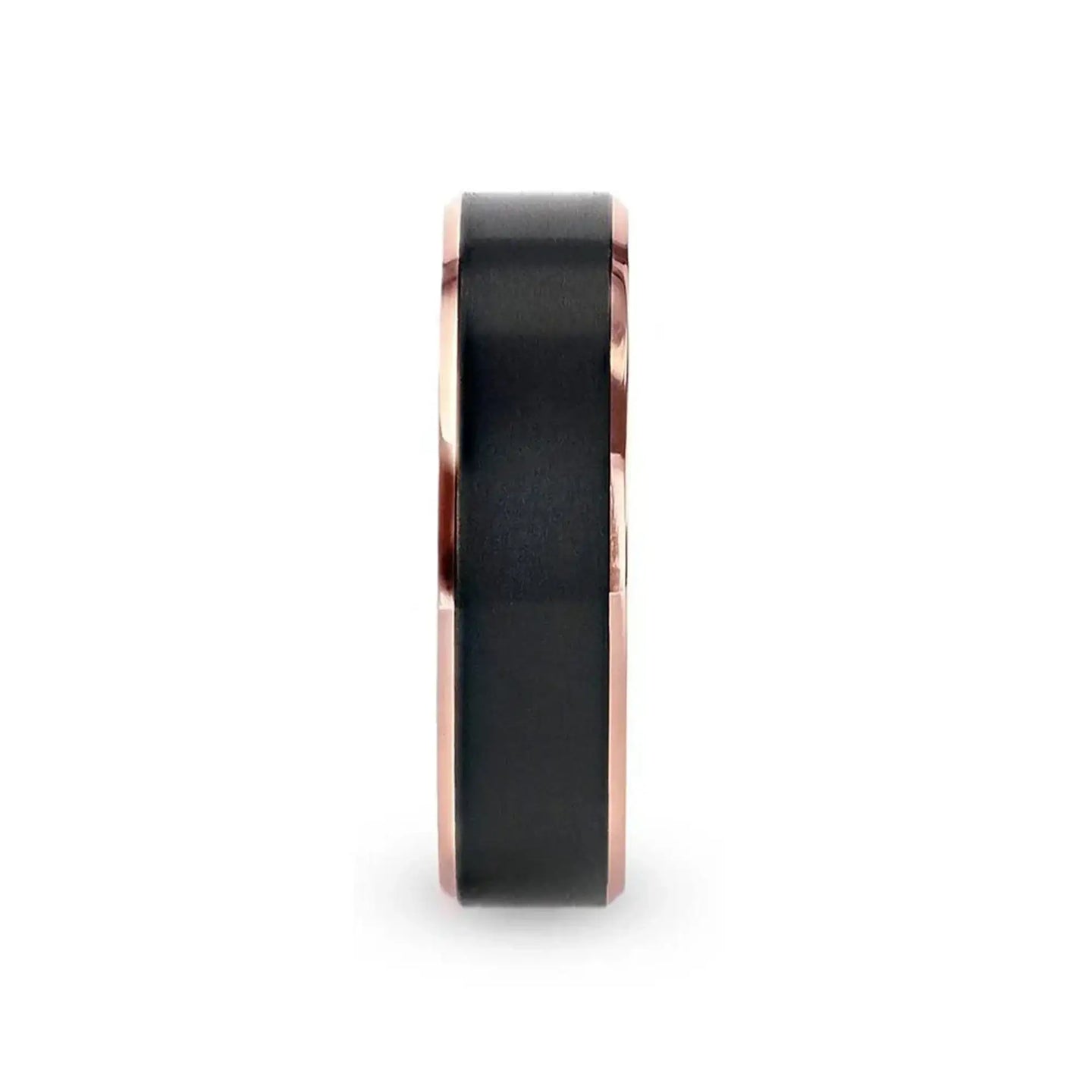 STEPHEN Rose Gold Plated Black Titanium Flat Brushed Center Men's Wedding Ring With Beveled Polished Edges - 6mm & 8mm - Larson Jewelers
