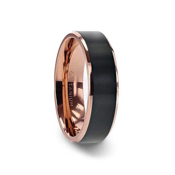 STEPHEN Rose Gold Plated Black Titanium Flat Brushed Center Men's Wedding Ring With Beveled Polished Edges - 6mm & 8mm - Larson Jewelers