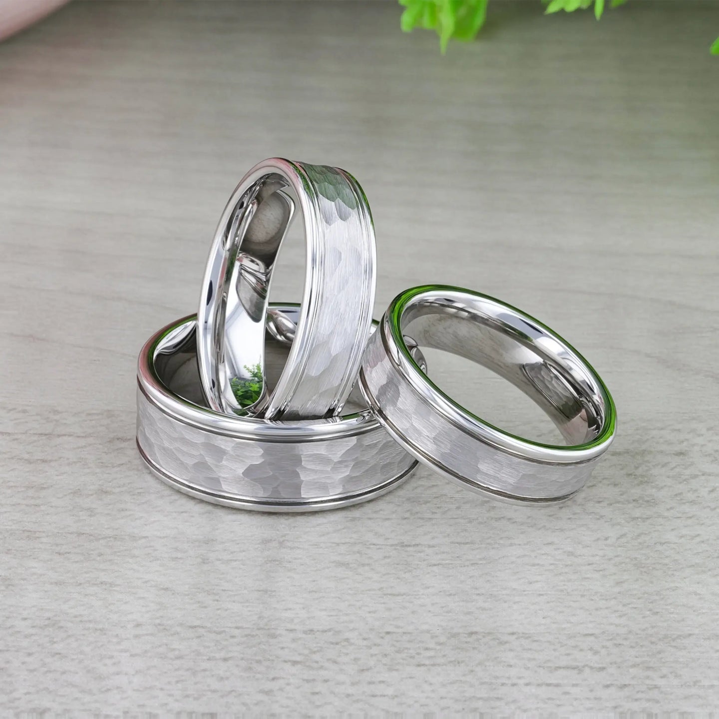 THORNTON Hammered Finish Center White Tungsten Carbide Wedding Band with Dual Offset Grooves and Polished Edges - 6mm & 8mm - Larson Jewelers