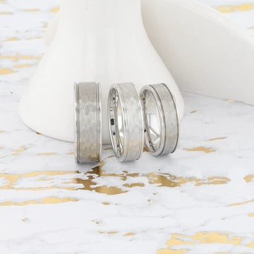 THORNTON Hammered Finish Center White Tungsten Carbide Wedding Band with Dual Offset Grooves and Polished Edges - 6mm & 8mm - Larson Jewelers