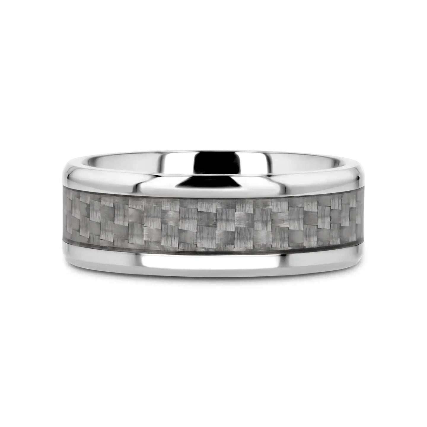 TANTALUS Beveled Edge Titanium Ring with White Carbon Fiber Inlay - 8mm - Larson Jewelers