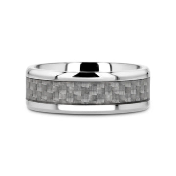 TANTALUS Beveled Edge Titanium Ring with White Carbon Fiber Inlay - 8mm - Larson Jewelers