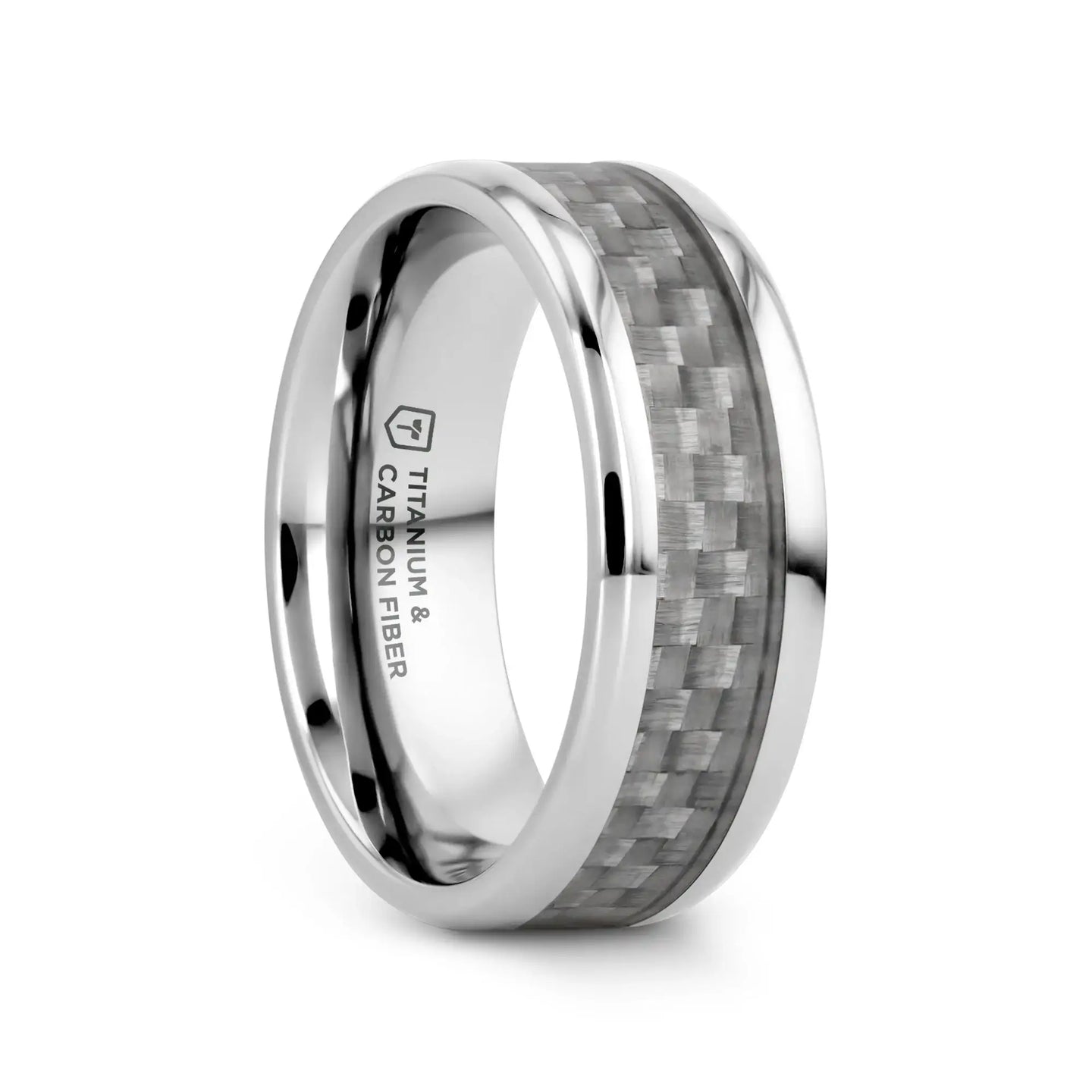 TANTALUS Beveled Edge Titanium Ring with White Carbon Fiber Inlay - 8mm - Larson Jewelers