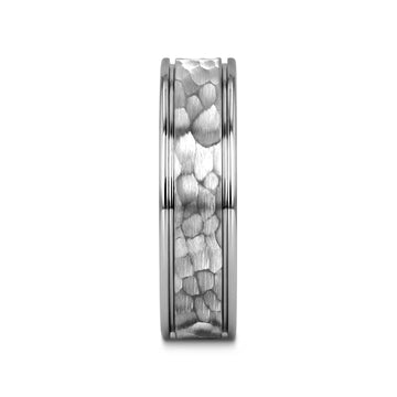 THORNTON Hammered Finish Center White Tungsten Carbide Wedding Band with Dual Offset Grooves and Polished Edges - 6mm & 8mm - Larson Jewelers