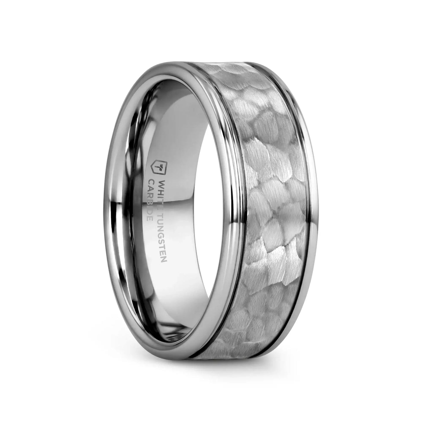 THORNTON Hammered Finish Center White Tungsten Carbide Wedding Band with Dual Offset Grooves and Polished Edges - 6mm & 8mm - Larson Jewelers