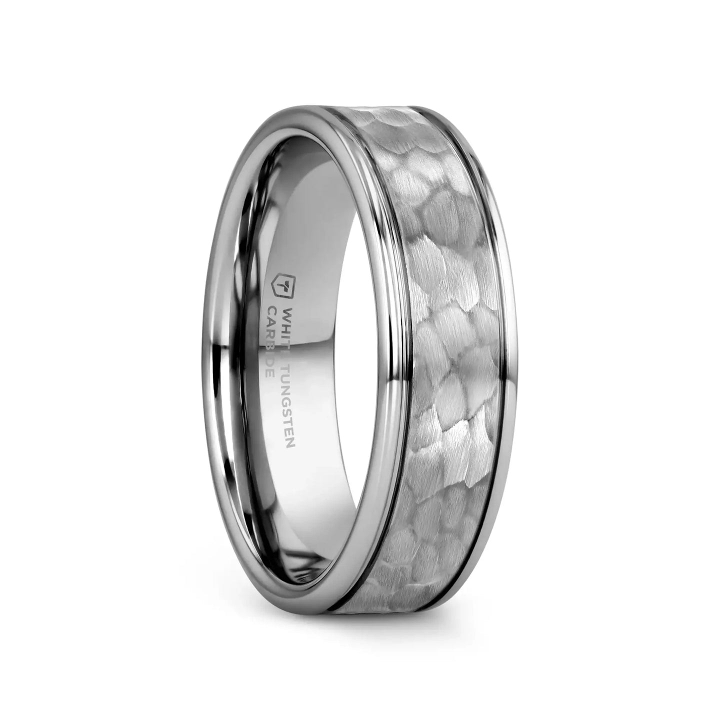 THORNTON Hammered Finish Center White Tungsten Carbide Wedding Band with Dual Offset Grooves and Polished Edges - 6mm & 8mm - Larson Jewelers