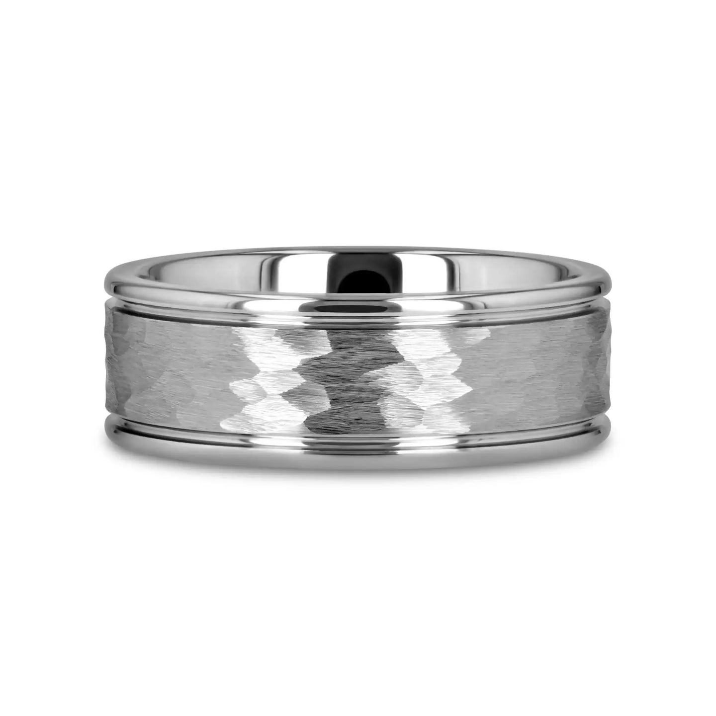 THORNTON Hammered Finish Center White Tungsten Carbide Wedding Band with Dual Offset Grooves and Polished Edges - 6mm & 8mm - Larson Jewelers
