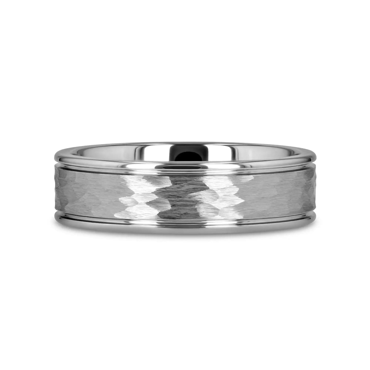 THORNTON Hammered Finish Center White Tungsten Carbide Wedding Band with Dual Offset Grooves and Polished Edges - 6mm & 8mm - Larson Jewelers